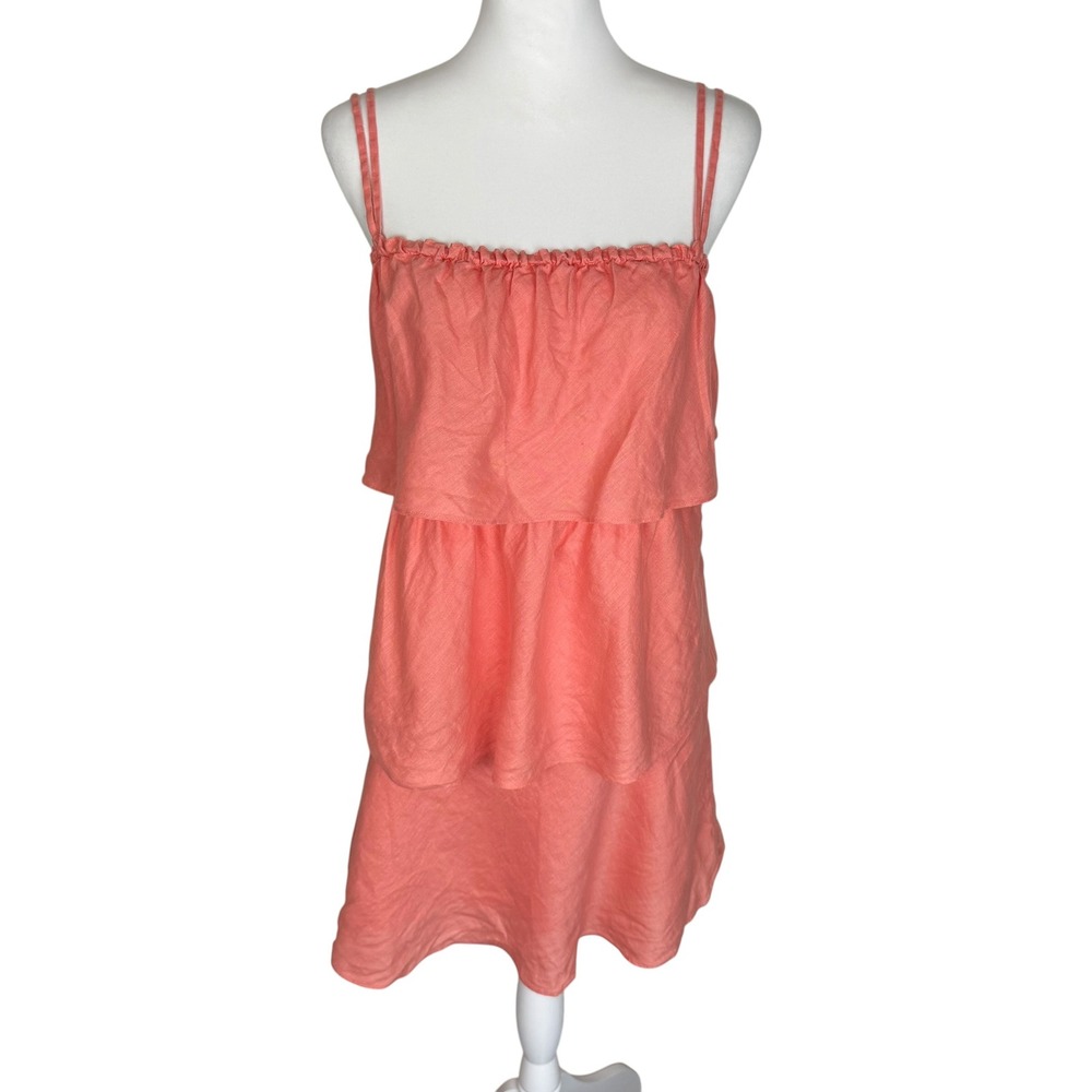 J.Crew Women Coral Pink 100% Linen Tiered Mini Dress Adjustable Straps‎ Size 4
